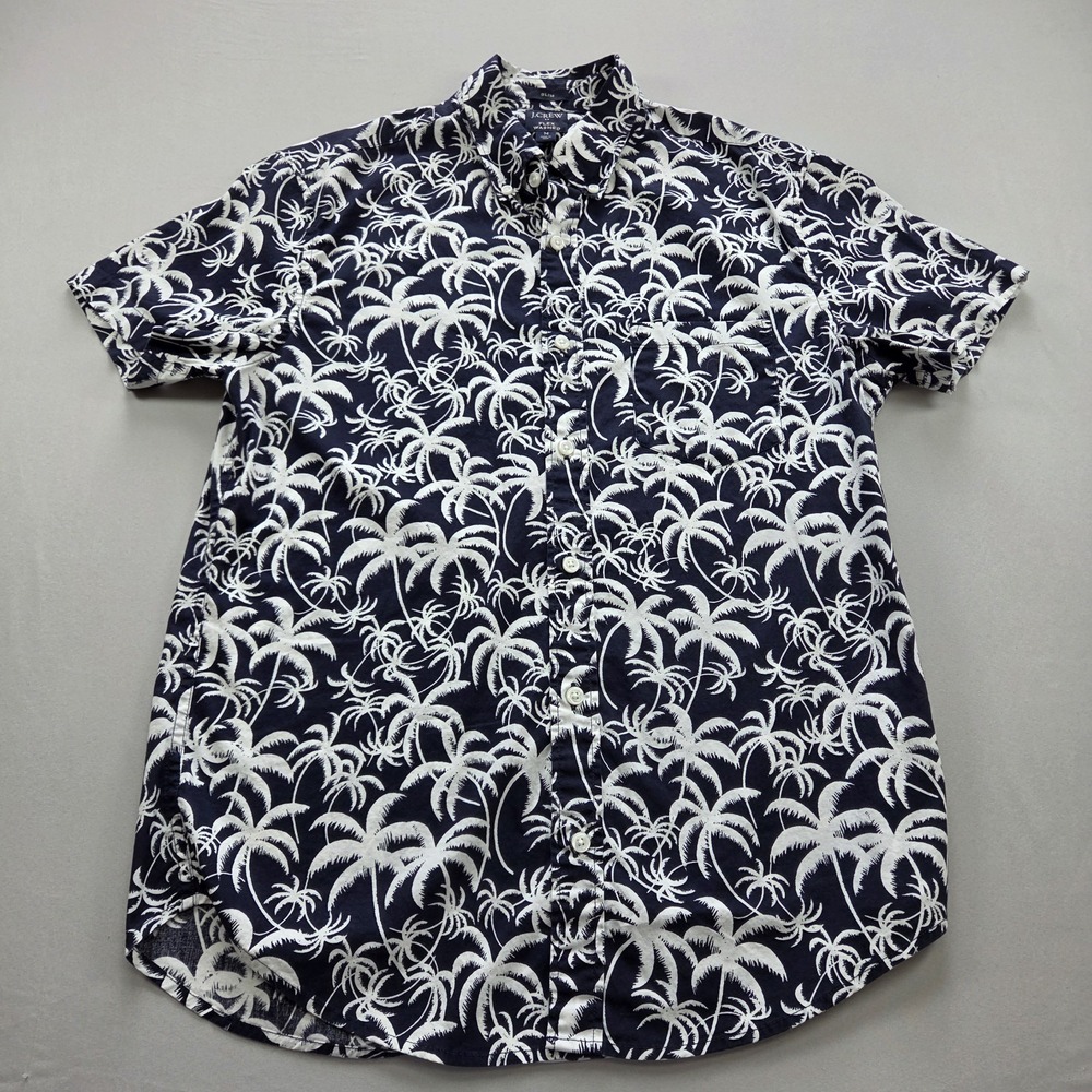 J.Crew Flex Washed Shirt Mens Medium Navy White Palm Tropical Slim Short Sleeve